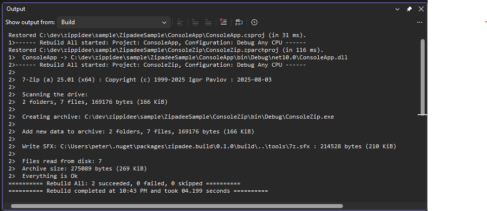 A completed build producing a self-extracting archive