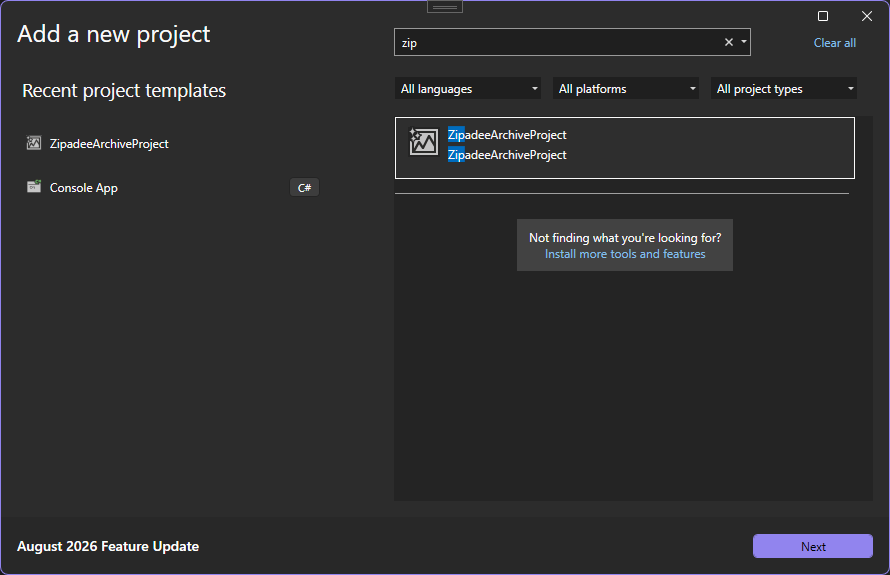 The New Project dialog with Zipadee Archive Project selected