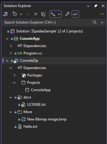 Solution Explorer showing a Zipadee Archive Project alongside a referenced console app project